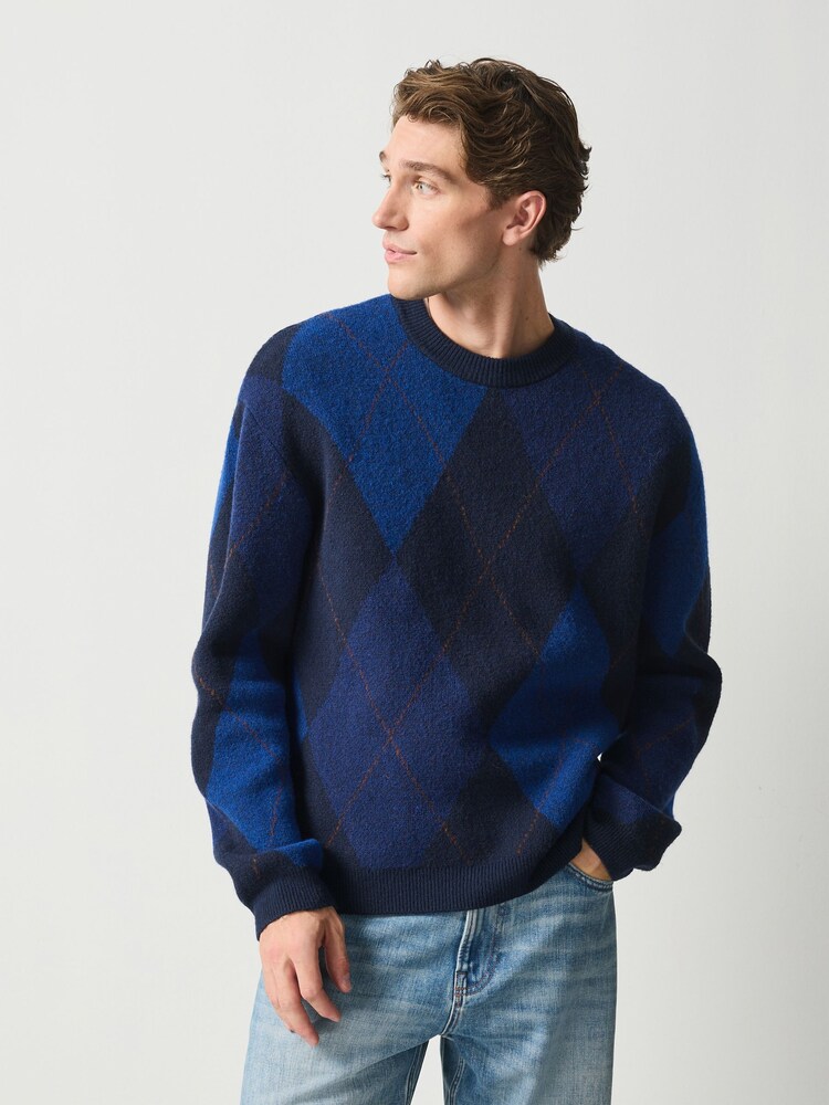 Blue Argyle Relaxed Fit Cosy Crew Neck Jumper with Wool - Image 1 of 4 Blue Argyle Relaxed Fit Cosy Crew Neck Jumper with Wool - Image 1 of 4