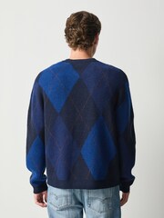 Blue Argyle Relaxed Fit Cosy Crew Neck Jumper with Wool - Image 2 of 4