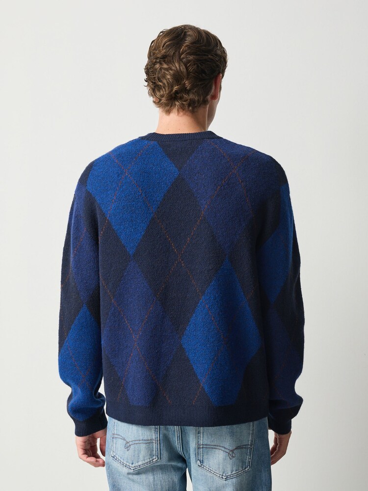 Blue Argyle Relaxed Fit Cosy Crew Neck Jumper with Wool - Image 2 of 4 Blue Argyle Relaxed Fit Cosy Crew Neck Jumper with Wool - Image 2 of 4