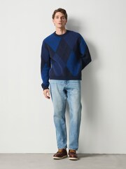 Blue Argyle Relaxed Fit Cosy Crew Neck Jumper with Wool - Image 3 of 4