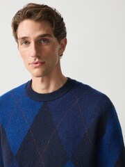 Blue Argyle Relaxed Fit Cosy Crew Neck Jumper with Wool - Image 4 of 4