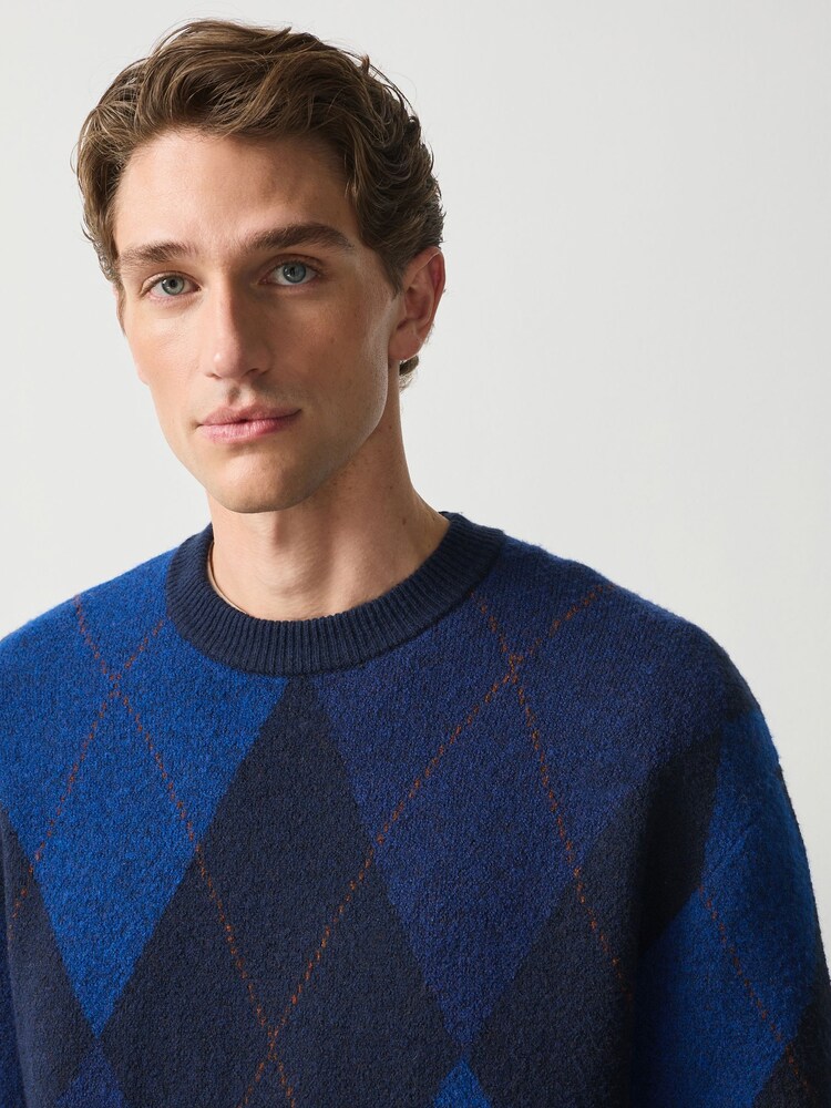 Blue Argyle Relaxed Fit Cosy Crew Neck Jumper with Wool - Image 4 of 4 Blue Argyle Relaxed Fit Cosy Crew Neck Jumper with Wool - Image 4 of 4