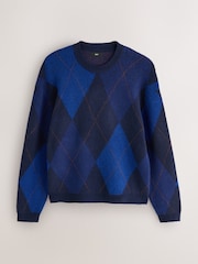 Blue Argyle Relaxed Fit Cosy Crew Neck Jumper with Wool - Image 5 of 7
