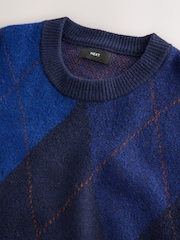 Blue Argyle Relaxed Fit Cosy Crew Neck Jumper with Wool - Image 6 of 7