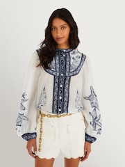 Farm Rio Blue Coast Scarf Off-White Long Sleeve Blouse - Image 1 of 4