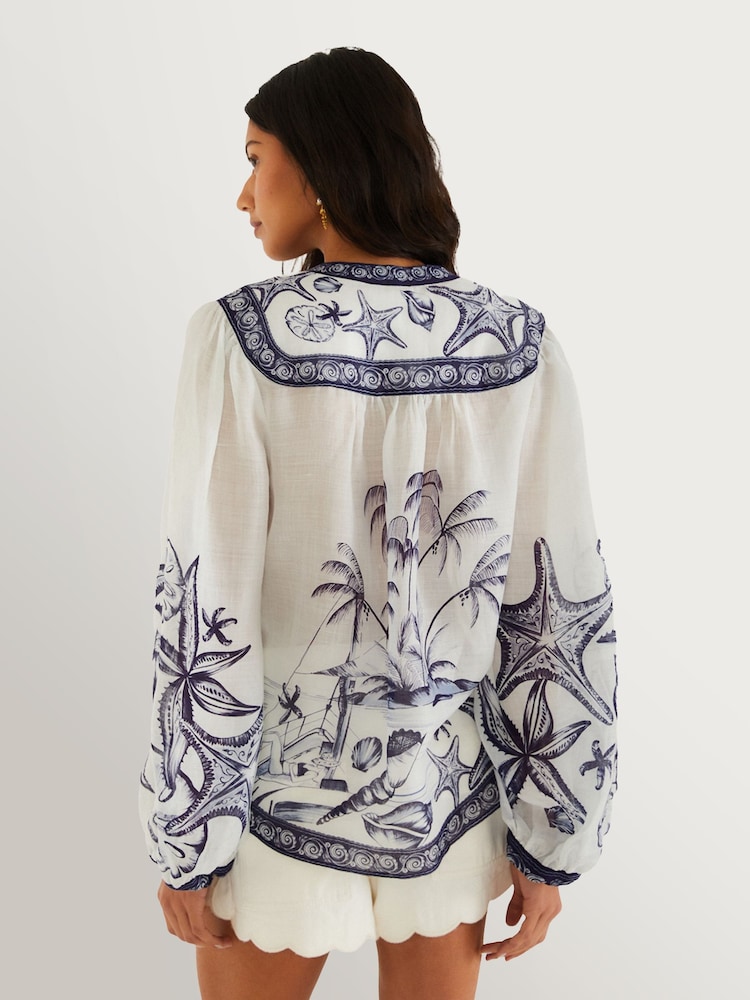 Farm Rio Blue Coast Scarf Off-White Long Sleeve Blouse - Image 2 of 4