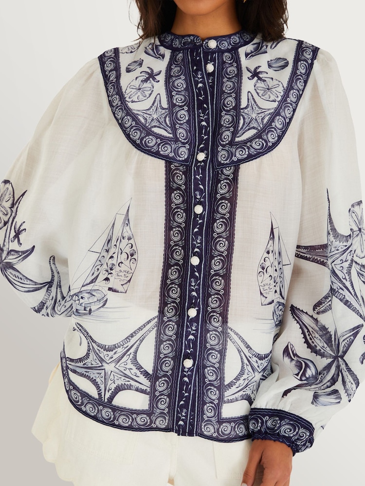 Farm Rio Blue Coast Scarf Off-White Long Sleeve Blouse - Image 4 of 4