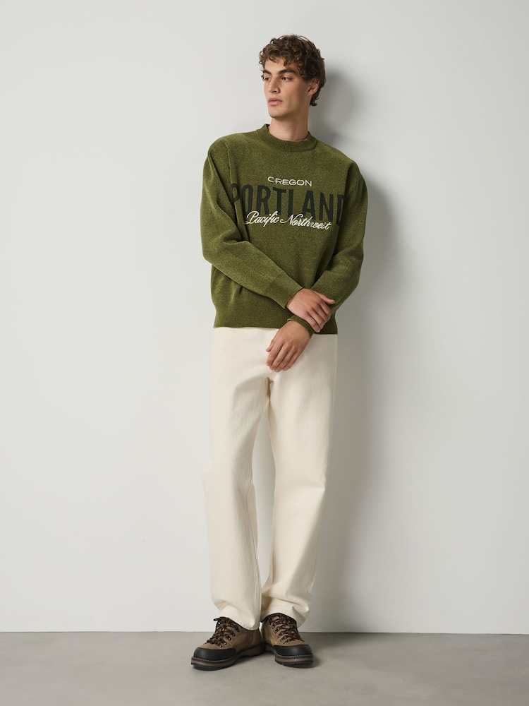 Green Graphic Chenille Crew Neck Jumper - Image 1 of 4 Green Graphic Chenille Crew Neck Jumper - Image 1 of 4