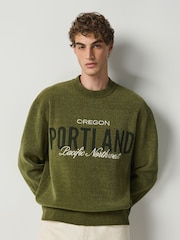 Green Graphic Chenille Crew Neck Jumper - Image 4 of 4