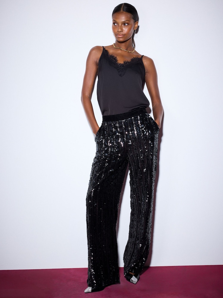 Black Velvet Sequin Stripe Pull On Wide Leg Trousers - Image 1 of 5 Black Velvet Sequin Stripe Pull On Wide Leg Trousers - Image 1 of 5