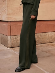 Khaki Green Wide Leg Jersey Joggers With Satin Side Stripe - Image 2 of 8
