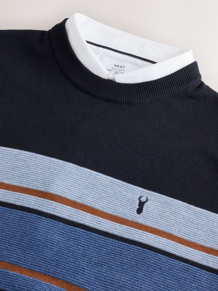 כחול כהה - Oxford Mock Shirt Colour Block Stripe Jumper - תמונה 2 מתוך 8 כחול כהה - Oxford Mock Shirt Colour Block Stripe Jumper - תמונה 2 מתוך 8