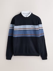 כחול כהה - Oxford Mock Shirt Colour Block Stripe Jumper - תמונה 7 מתוך 8