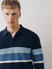 Navy Striped N. Premium Ultrasoft Smart Knitted Polo Shirt with Wool - Image 1 of 6