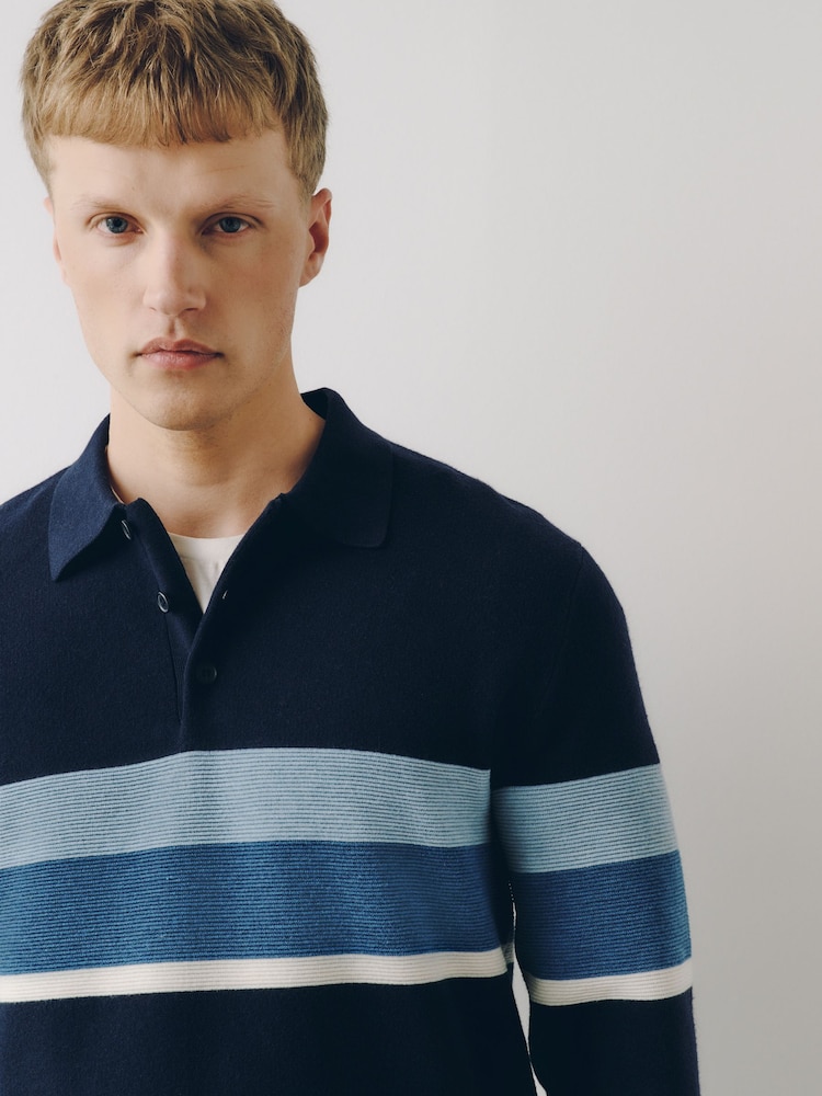 Navy Striped N. Premium Ultrasoft Smart Knitted Polo Shirt with Wool - Image 1 of 6 Navy Striped N. Premium Ultrasoft Smart Knitted Polo Shirt with Wool - Image 1 of 6
