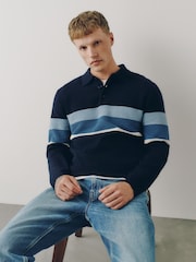 Navy Striped N. Premium Ultrasoft Smart Knitted Polo Shirt with Wool - Image 3 of 6