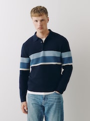 Navy Striped N. Premium Ultrasoft Smart Knitted Polo Shirt with Wool - Image 6 of 6
