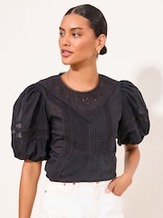 Lipsy Black Lace Detail Pintuck Puff Sleeve Woven Top - Image 1 of 5
