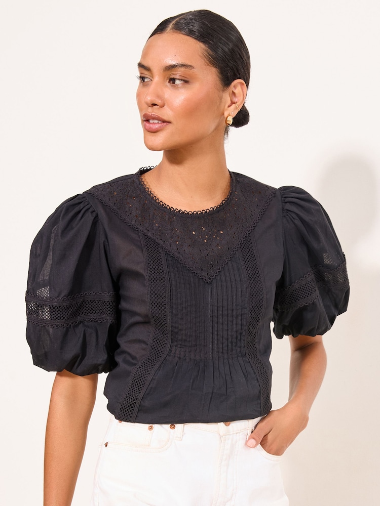 Lipsy Black Lace Detail Pintuck Puff Sleeve Woven Top - Image 1 of 5 Lipsy Black Lace Detail Pintuck Puff Sleeve Woven Top - Image 1 of 5