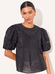 Lipsy Black Lace Detail Pintuck Puff Sleeve Woven Top - Image 2 of 5