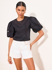 Lipsy Black Lace Detail Pintuck Puff Sleeve Woven Top - Image 4 of 5