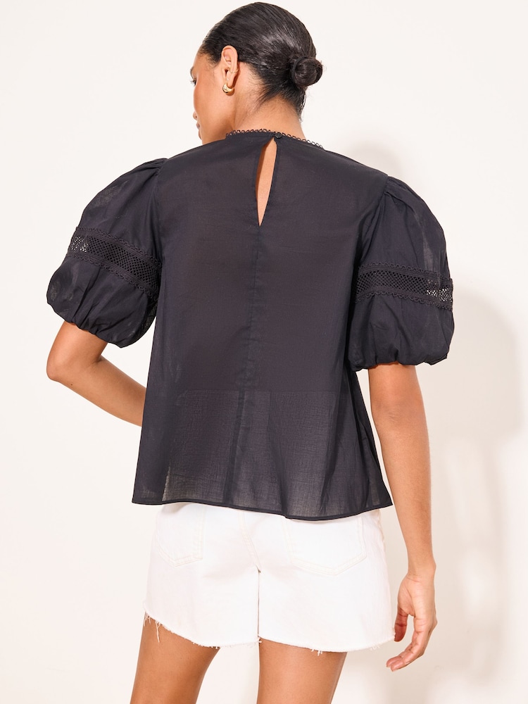 Lipsy Black Lace Detail Pintuck Puff Sleeve Woven Top - Image 5 of 5 Lipsy Black Lace Detail Pintuck Puff Sleeve Woven Top - Image 5 of 5