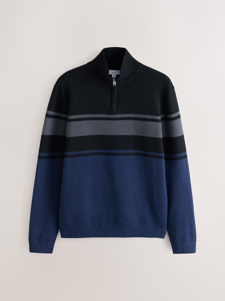 Black Stripe Regular Fit Textured Quarter Zip Jumper - Image 1 of 3 Black Stripe Regular Fit Textured Quarter Zip Jumper - Image 1 of 3