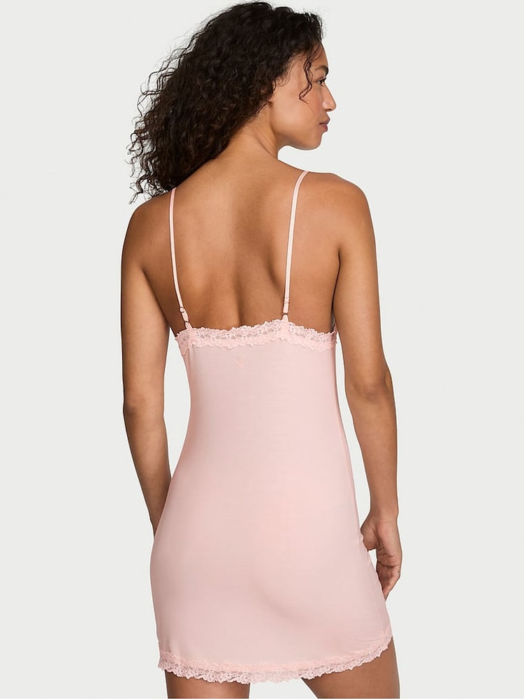 Victoria's Secret Purest Pink Modal Lace Trim Tie Front Slip Dress - Image 2 of 2 Victoria's Secret Purest Pink Modal Lace Trim Tie Front Slip Dress - Image 2 of 2
