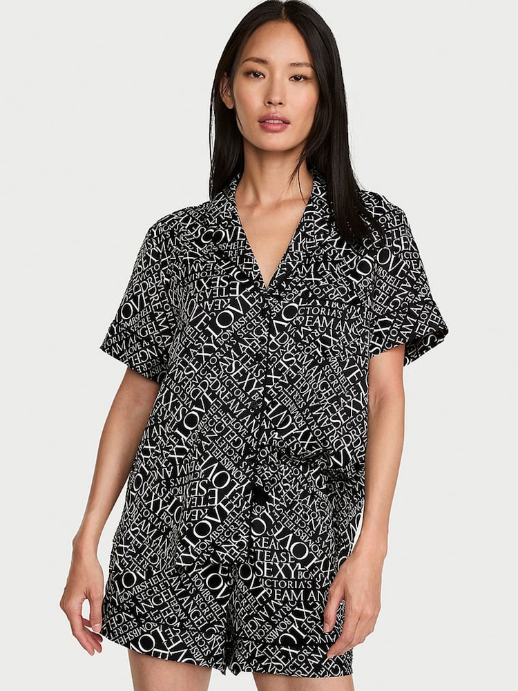 Victoria's Secret Black Newspaper Print Satin Short Pyjamas Set - Image 1 of 3 Victoria's Secret Black Newspaper Print Satin Short Pyjamas Set - Image 1 of 3