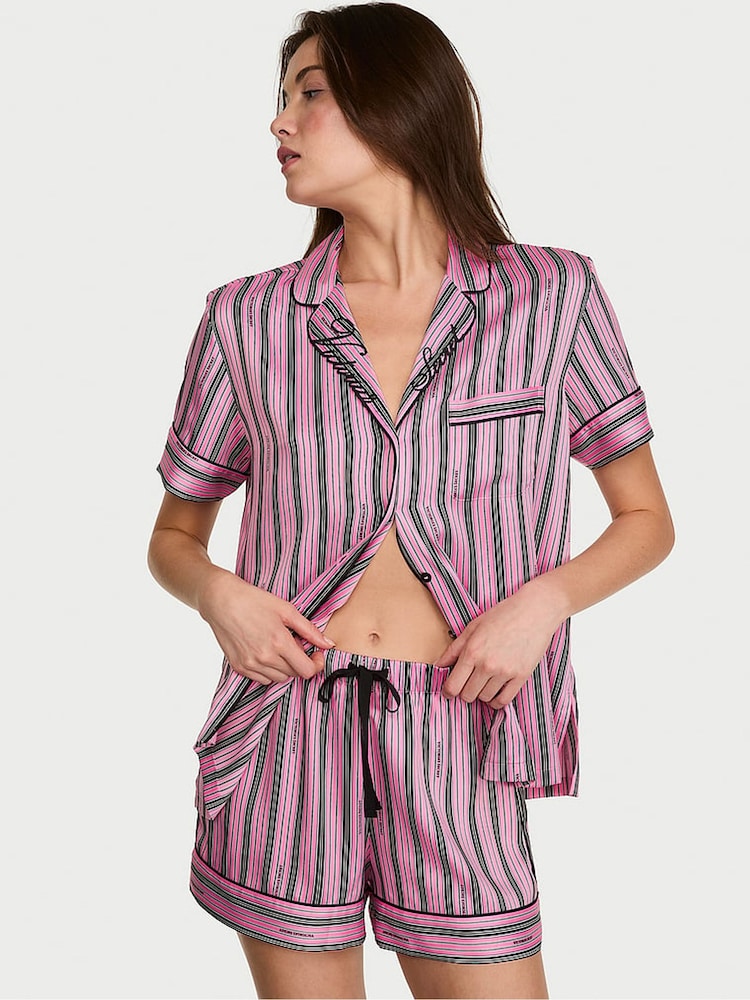 Victoria's Secret Pink Stripe Satin Short Pyjamas Set - Image 1 of 3