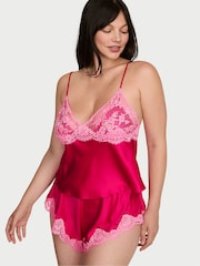 Victoria's Secret Vibrant Fuschia Pink Satin Lace Trim Cami Flutter Shorts Set - Image 1 of 2