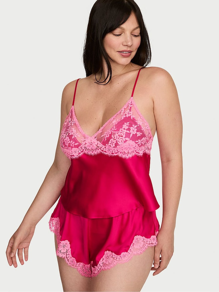 Victoria's Secret Vibrant Fuschia Pink Satin Lace Trim Cami Flutter Shorts Set - Image 1 of 2 Victoria's Secret Vibrant Fuschia Pink Satin Lace Trim Cami Flutter Shorts Set - Image 1 of 2