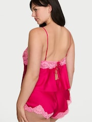 Victoria's Secret Vibrant Fuschia Pink Satin Lace Trim Cami Flutter Shorts Set - Image 2 of 2