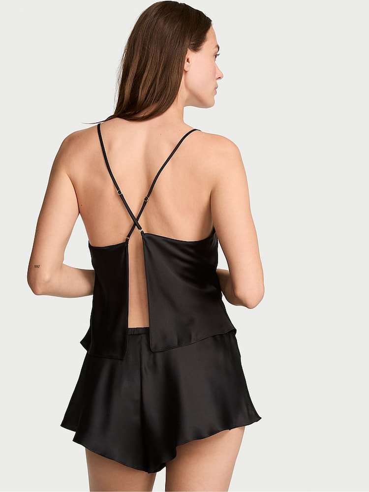 Victoria's Secret Black Satin Open Back Cami Shorts Set - Image 2 of 2 Victoria's Secret Black Satin Open Back Cami Shorts Set - Image 2 of 2