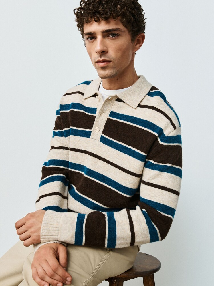 Neutral/Blue Stripe Cosy Knit Polo Shirt with Wool - Image 1 of 6 Neutral/Blue Stripe Cosy Knit Polo Shirt with Wool - Image 1 of 6