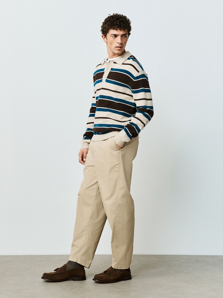 Neutral/Blue Stripe Cosy Knit Polo Shirt with Wool - Image 2 of 6 Neutral/Blue Stripe Cosy Knit Polo Shirt with Wool - Image 2 of 6