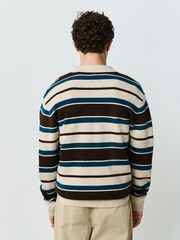 Neutral/Blue Stripe Cosy Knit Polo Shirt with Wool - Image 3 of 6