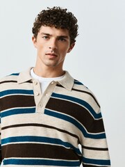 Neutral/Blue Stripe Cosy Knit Polo Shirt with Wool - Image 4 of 6