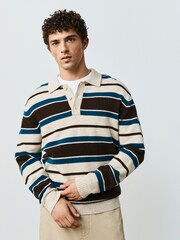 Neutral/Blue Stripe Cosy Knit Polo Shirt with Wool - Image 5 of 6