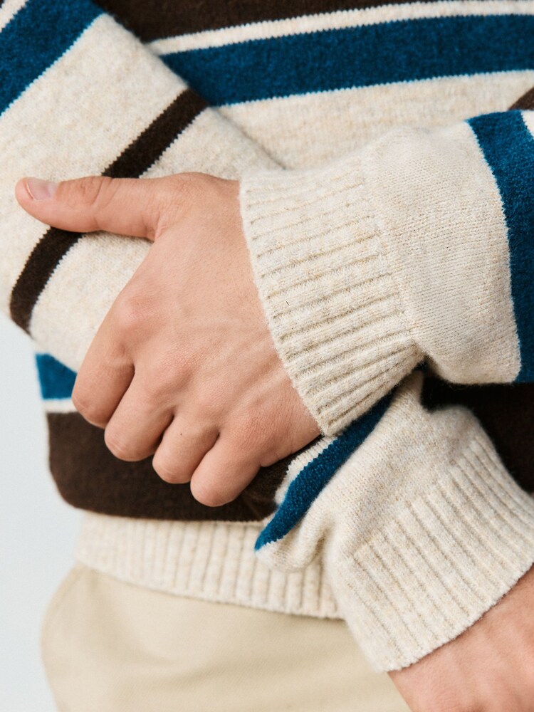 Neutral/Blue Stripe Cosy Knit Polo Shirt with Wool - Image 6 of 6 Neutral/Blue Stripe Cosy Knit Polo Shirt with Wool - Image 6 of 6