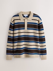 Neutral/Blue Stripe Cosy Knit Polo Shirt with Wool - Image 7 of 9