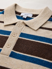 Neutral/Blue Stripe Cosy Knit Polo Shirt with Wool - Image 8 of 9