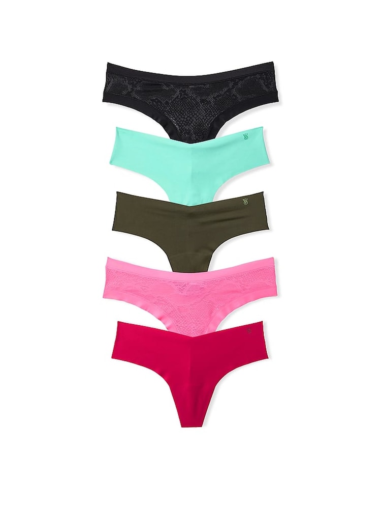 Victoria's Secret Black/Green/Pink Thong 5 Pack Knickers - Image 1 of 3 Victoria's Secret Black/Green/Pink Thong 5 Pack Knickers - Image 1 of 3