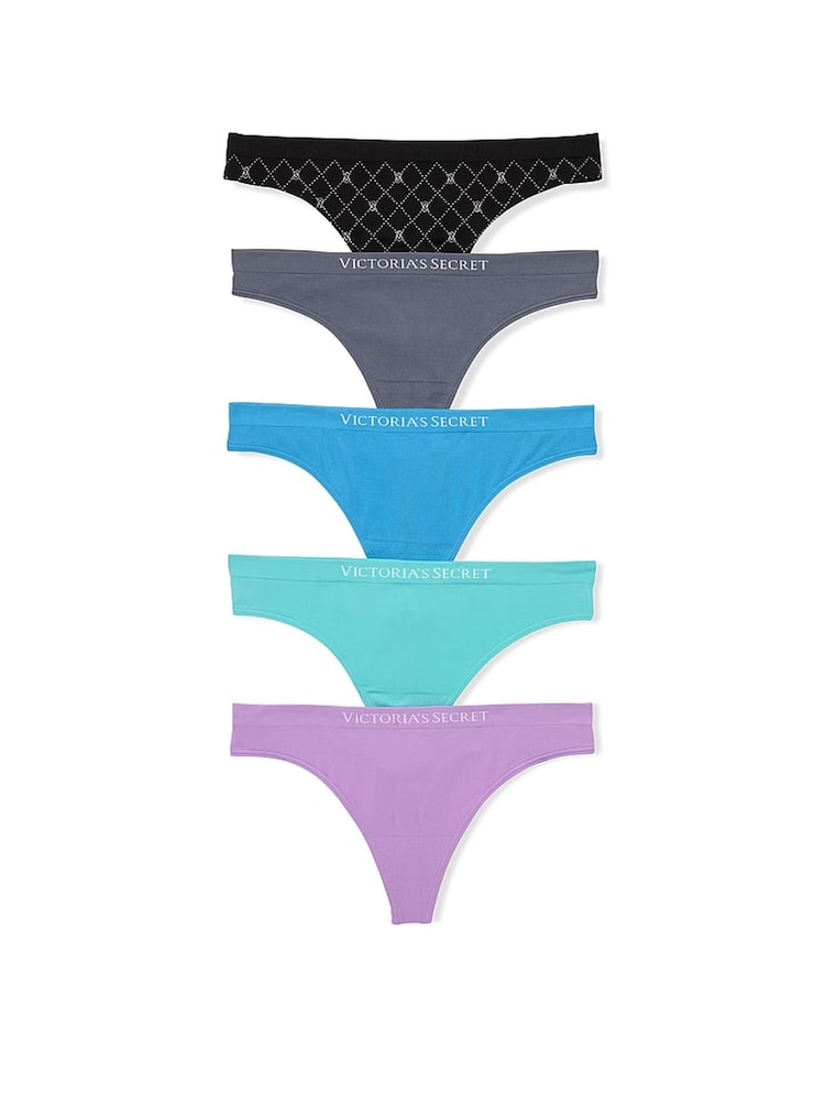 Victoria's Secret Black/Grey/Blue/Green/Purple Thong 5 Pack Knickers - Image 1 of 3