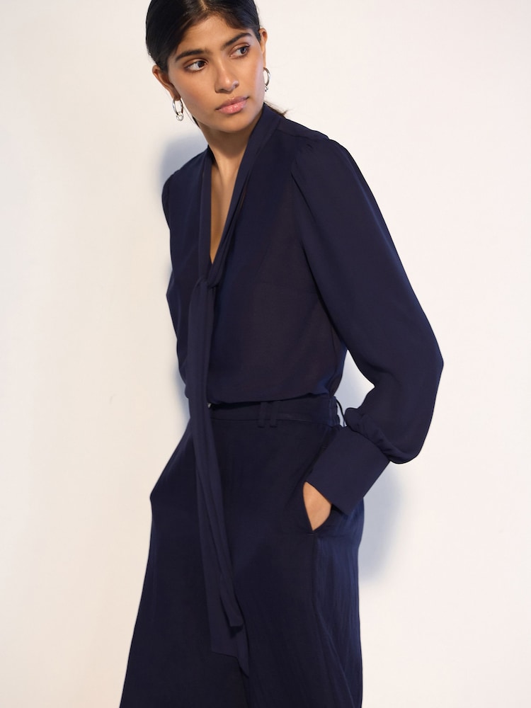 ネイビー - スカーフネック 長袖 ブラウス - 画像 1 / 5