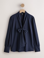 أزرق داكن - بلوزة كُم طويل بياقة وشاح - صورة 6 من 8