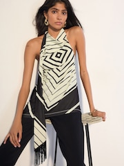 Monochrome Sleeveless Halter Neck Fringe Scarf Top - Image 1 of 5