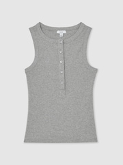 Reiss Grey Marl Rita Stretch-Cotton Ribbed Henley Vest - Image 2 of 7