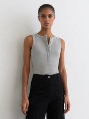 Reiss Grey Marl Rita Stretch-Cotton Ribbed Henley Vest - Image 4 of 7
