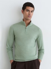 Reiss Minty Sage Green Blackhall Merino Wool Half-Zip Funnel-Neck Jumper - Image 4 of 7